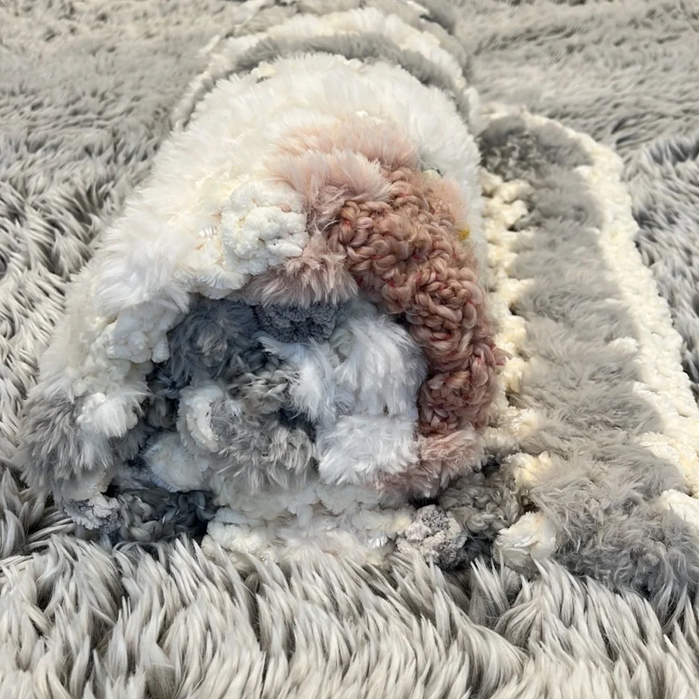 Handmade Crochet Granny Square Velvet Plush Faux Fur Throw Blanket